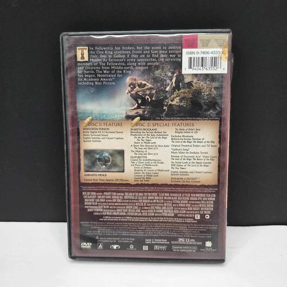 The Lord of the Rings The Two Towers DVD Widescreen 2-Disc Set 2003 Fantasy Epic - Picture 2 of 6